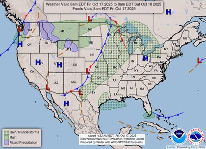 El Servicio Meteorológico Nacional informa que un sistema de baja presión dejará un frente estacionario desde el Medio Oeste hasta los Grandes Lagos, con un aumento significativo de precipitaciones entre Arkansas y Michigan