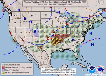 El Servicio Meteorológico Nacional (NWS) advierte que un frente frío activo provocará tormentas generalizadas desde los Grandes Lagos hasta las llanuras del sur