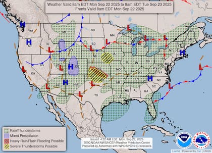 El Servicio Meteorológico Nacional (NWS) alertó sobre sistemas convectivos con lluvias torrenciales y riesgo de inundaciones repentinas en el oeste y sur de Kansas, noreste de Oklahoma, valle de Ohio, región de Ozarks y Mid-South