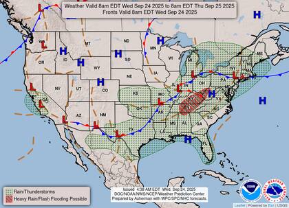 El Servicio Meteorológico Nacional (NWS) alertó sobre un riesgo "leve" (nivel 2 de 4) de inundaciones repentinas dispersas en el valle del Ohio y centro de Tennessee debido a lluvias intensas