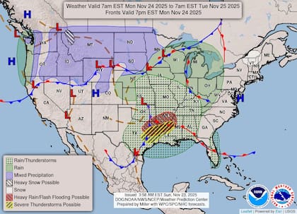 El Servicio Meteorológico Nacional (NWS) confirmó que habrá tormentas y lluvias desde el lunes; serán intensas desde Texas hasta Mississippi (Facebook/U.S. National Weather Service)