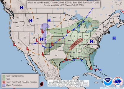 El Servicio Meteorológico Nacional (NWS) pronostica acumulados de lluvia de entre tres y cinco pulgadas (76-127 mm) en el valle de Ohio, el Medio Sur y el valle de Tennessee