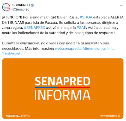 El Servicio Nacional de Prevención y Respuesta ante Desastres (Senapred) estableció una alerta de tsunami para la Isla de Pascua (X: @Senapred)