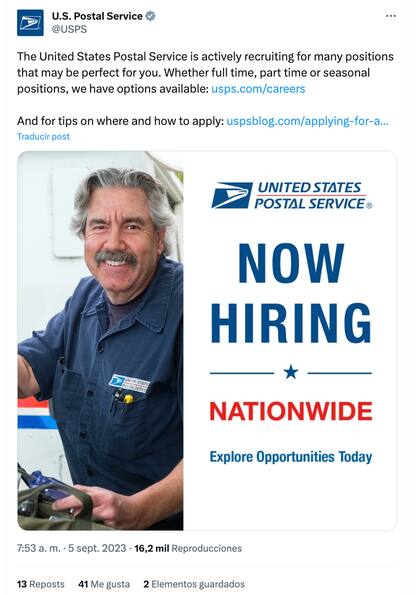 El Servicio Postal de Estados Unidos busca trabajadores