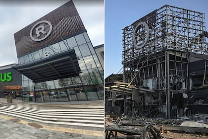 El shopping de Kiev antes y después del bombardeo