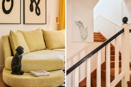 El sillón curvo color lima es un diseño de Sol. Escultura mono (Harturo).