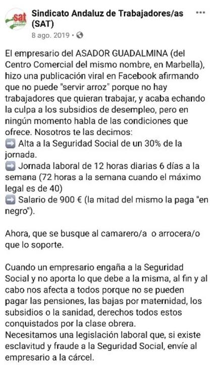 El Sindicato Andaluz de Trabajadores de España expuso en un comunicado las condiciones laborales a las que somete el restaurante a sus empleados