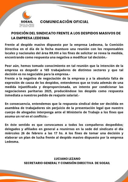 El Sindicato convocó a una reunión para el miércoles