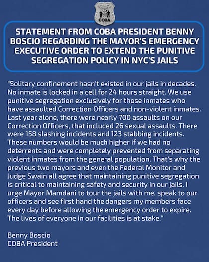 El sindicato de Oficiales Correccionales emitió un comunicado en repuesta a la acción de Mamdani