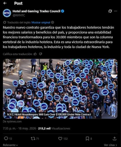 El sindicato señaló que el acuerdo garantiza que los trabajadores hoteleros tendrán los mejores salarios y beneficios del país