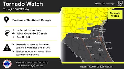 El sistema alcanzará el valle del Suwannee y el noreste del estado durante la mañana, lo que afectará condados cercanos a Jacksonville con descargas eléctricas frecuentes y lluvias intensas