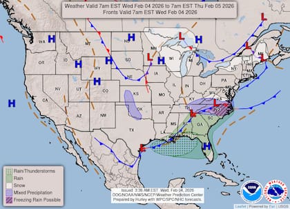 El sistema de baja presión arrastra humedad desde el Golfo de México hacia el sudeste, lo que generará tormentas eléctricas organizadas y lluvias persistentes en la franja costera de estados como Mississippi, Alabama y Georgia