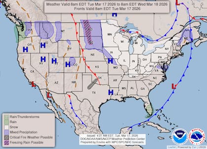 El sistema de baja presión que afectó al Atlántico Medio se desplaza hacia el este de Canadá. No obstante, mantendrá ráfagas de entre 64 km/h y 97 km/h (40-60 mph) en Nueva Inglaterra durante gran parte del día