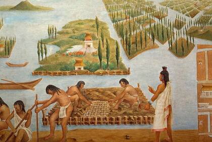 El sistema de chinampas en Tenochtitlan aprovechaba al máximo el agua del lago para la agricultura.