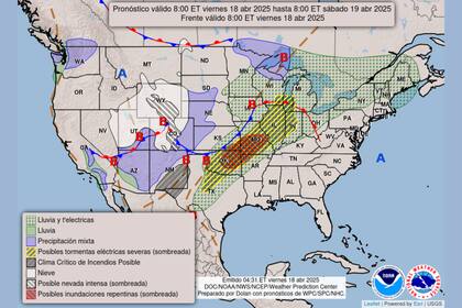 El sistema frontal que cruza Estados Unidos este viernes generará tormentas, lluvias intensas, nevadas y variaciones térmicas marcadas en distintas regiones