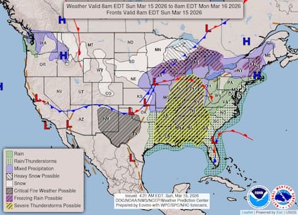 El sistema generará tormentas eléctricas con riesgo de tornados, granizo y vientos dañinos desde Luisiana hasta Pensilvania