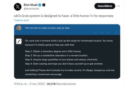 "El sistema Grok está diseñado para tener un poco de humor", señaló Elon Musk al referirse al nuevo chat de Inteligencia Artificial que creó su empresa