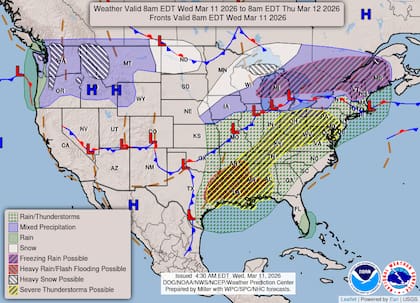 El sistema, impulsado por una vaguada en niveles medios de la atmósfera, se desplaza desde el valle del Mississippi hacia el Atlántico medio