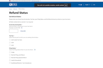 El sistema solicita número de Seguro Social o ITIN, estado civil y monto exacto de la devolución