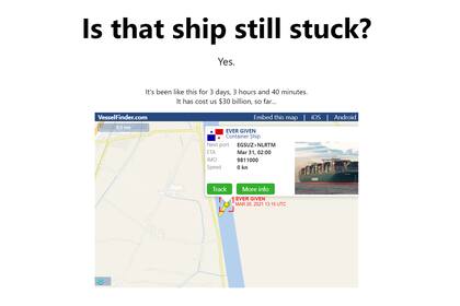 El sitio contabiliza el tiempo que lleva atascado el buque carguero Ever Given y el costo económico que representa el incidente
