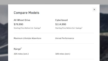 El sitio oficial de Tesla solo muestra los modelos All-Wheel Drive y Cyberbeast (Tesla)