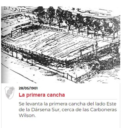 El sitio web de River Plate y un dibujo de su primer estadio, en la Isla Demarchi