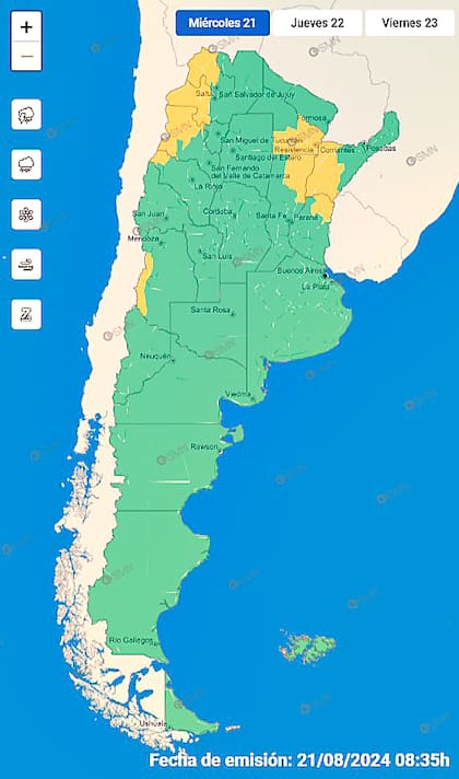 El SMN anuncia alerta amarilla para algunas provincia del norte y oeste del país