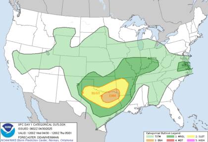 El SPC advierte riesgo elevado de granizo grande, vientos destructivos y posibles tornados en el norte de Texas y suroeste de Arkansas este miércoles