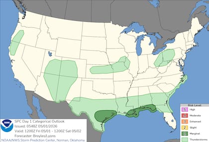 El SPC advierte sobre la formación de superceldas y tormentas con rotación en la costa central de Texas, capaces de producir granizo y ráfagas de viento dañinas