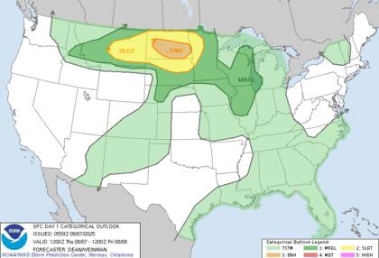 El SPC alerta por vientos de hasta 120 km/h, granizo mayor a 5 cm y posibles tornados en Dakota del Norte, Dakota del Sur y Minnesota desde este jueves hasta el sábado