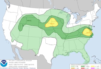 El SPC alerta sobre dos corredores de riesgo: el primero entre Iowa y Dakota del Sur (granizo y tornados vespertinos) y el segundo de Virginia a Carolina del Norte (ráfagas destructivas nocturnas).
