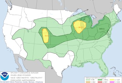 El SPC alerta sobre riesgo moderado de tormentas severas que podrían generar tornados débiles pero peligrosos, favorecidos por cizalladura de viento en niveles bajos de la atmósfera en esta zona
