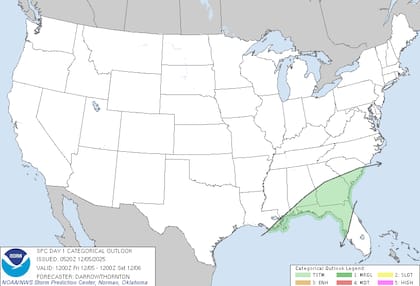 El SPC anticipó que, si bien podrían desarrollarse algunas tormentas aisladas en el sureste (como en el norte de Florida), el patrón de circulación y el avance lento del frente frío limitarán la inestabilidad