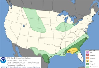 El SPC delimitó un área de vigilancia de nivel 2 para el sur de Georgia y Alabama, donde la inestabilidad atmosférica favorece ráfagas de viento dañinas