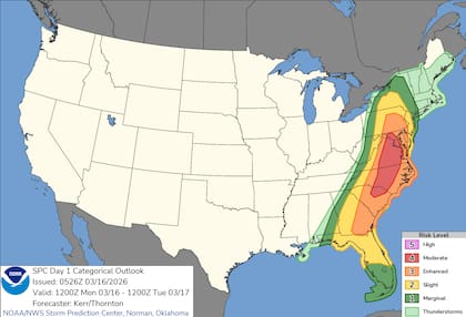 El SPC elevó a "Moderado" el nivel de alerta para Maryland, Virginia y las Carolinas, ante el avance de un frente frío potente que colisionará con aire cálido y húmedo del Atlántico