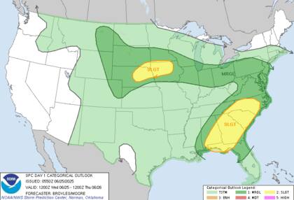 El SPC emite alerta nivel 2/5 por tormentas severas desde Nebraska hasta Minnesota: esperan granizo mayor a 5 centímetros y ráfagas de viento superiores a 70 mph (113 km/h) esta tarde