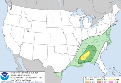 El SPC emitió un riesgo leve para partes de Misisipi y Alabama este martes, debido a tormentas peligrosas que estarán asociadas a vientos en niveles bajos y a la formación de supercélulas capaces de generar ráfagas destructivas