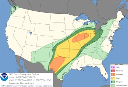 El SPC emitió una alerta por tornados potencialmente fuertes y granizo de gran tamaño en un corredor que abarca el norte de Missouri, el norte de Illinois y el noroeste de Indiana