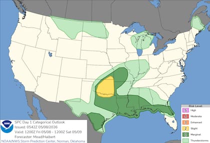 El SPC estableció un Riesgo Leve (nivel 2 de 5) para el centro y este de Oklahoma y el norte de Texas ante el desarrollo de tormentas severas