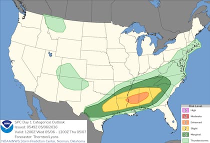 El SPC ha elevado a nivel 3 la alerta para Luisiana, Mississippi y Alabama ante la formación de superceldas impulsadas por una corriente en chorro de gran intensidad