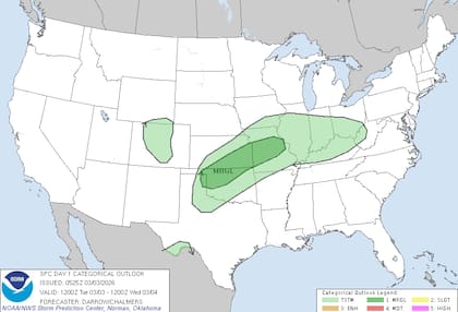El SPC ha emitido una alerta de nivel 1 (riesgo marginal) desde las Llanuras del Sur hasta el centro de Missouri