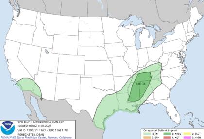 El SPC señaló que existe una probabilidad marginal de tormentas fuertes sobre partes de Mississippi, Alabama y Tennessee este viernes