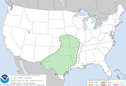 El SPC señaló que se desarrollará actividad convectiva débil desde la tarde del viernes en el oeste de Texas y se expandirá hacia los valles de los ríos Mississippi y Missouri con lluvias más frecuentes y riesgo puntual de inundaciones repentinas en la costa del Golfo
