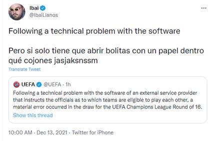 El streamer español Ibai Llanos se mostró indignado por el nuevo sorteo de la Champions League