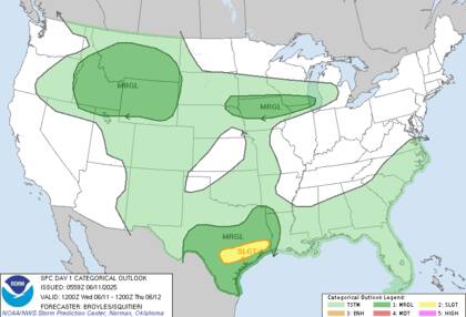 El sudeste de Texas enfrenta riesgo de superceldas y ráfagas destructivas, según el Centro de Predicción de Tormentas (SPC)