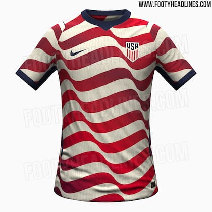 El supuesto nuevo modelo de jersey que usará EE.UU. en el Mundial 2026 tiene líneas rojas y blanquecinas onduladas, además de detalles azules en cuello y mangas (footyheadlines.com)