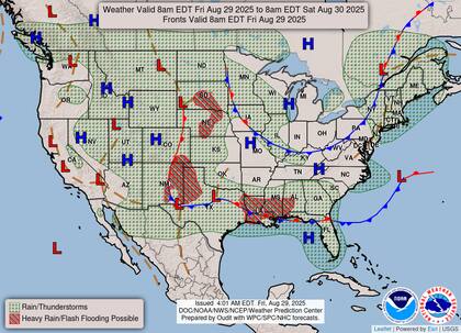 El sur y sureste enfrentarán un panorama distinto con perturbaciones frontales de desplazamiento lento creando lluvias diarias y tormentas eléctricas en planicies, costa del Golfo, estados del sudeste y todo Florida