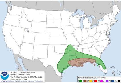 El sureste de EE.UU. con riesgo de aparición de tornados en la zona cercana al Golfo de México
