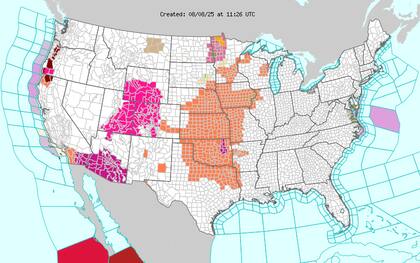 El suroeste del país registrará temperaturas de hasta 110 °F (43 °C) en Arizona y California, mientras que en Texas, Kansas, Oklahoma y Nebraska el termómetro superará los 100 °F (38 °C), con índices de calor peligrosos