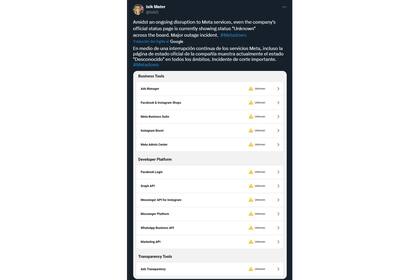 El tablero de status de Meta para todas sus plataformas reporta los problemas que tienen a nivel mundial